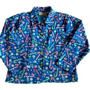 Life Style Candy Cane Button Up Long Sleeve Top/Jacket Size LP 100% Cotton